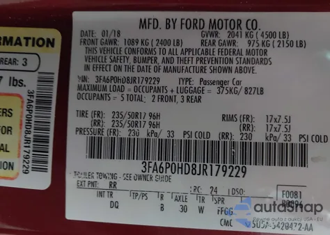 2018 Ford Fusion Se z USA, uszkodzony, nr VIN 3FA6P0HD8JR179229